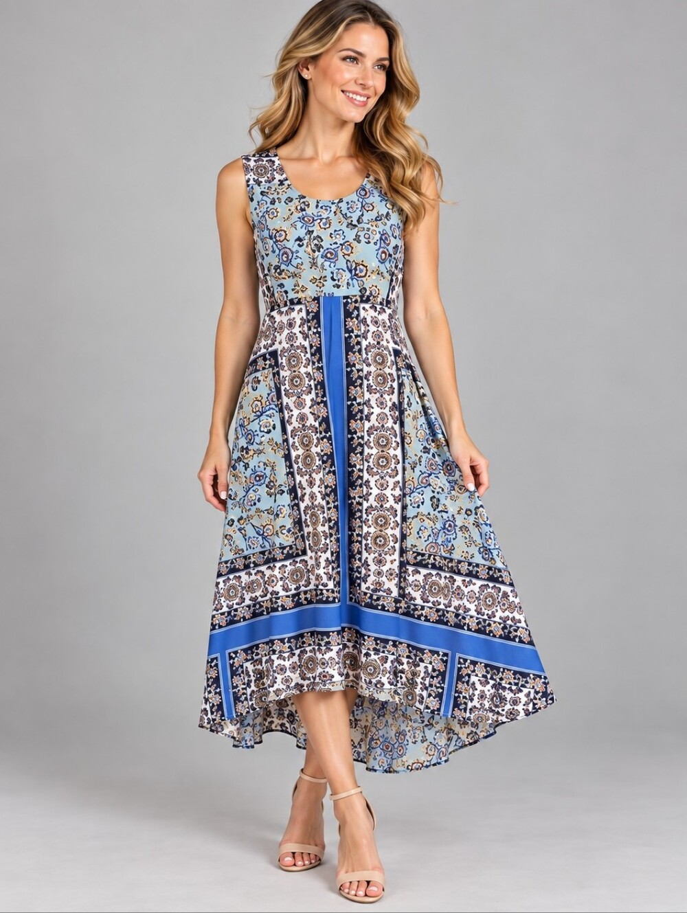 ONE WORLD Floral Colorblock Patchwork Sleeveless Shift Midi Dress